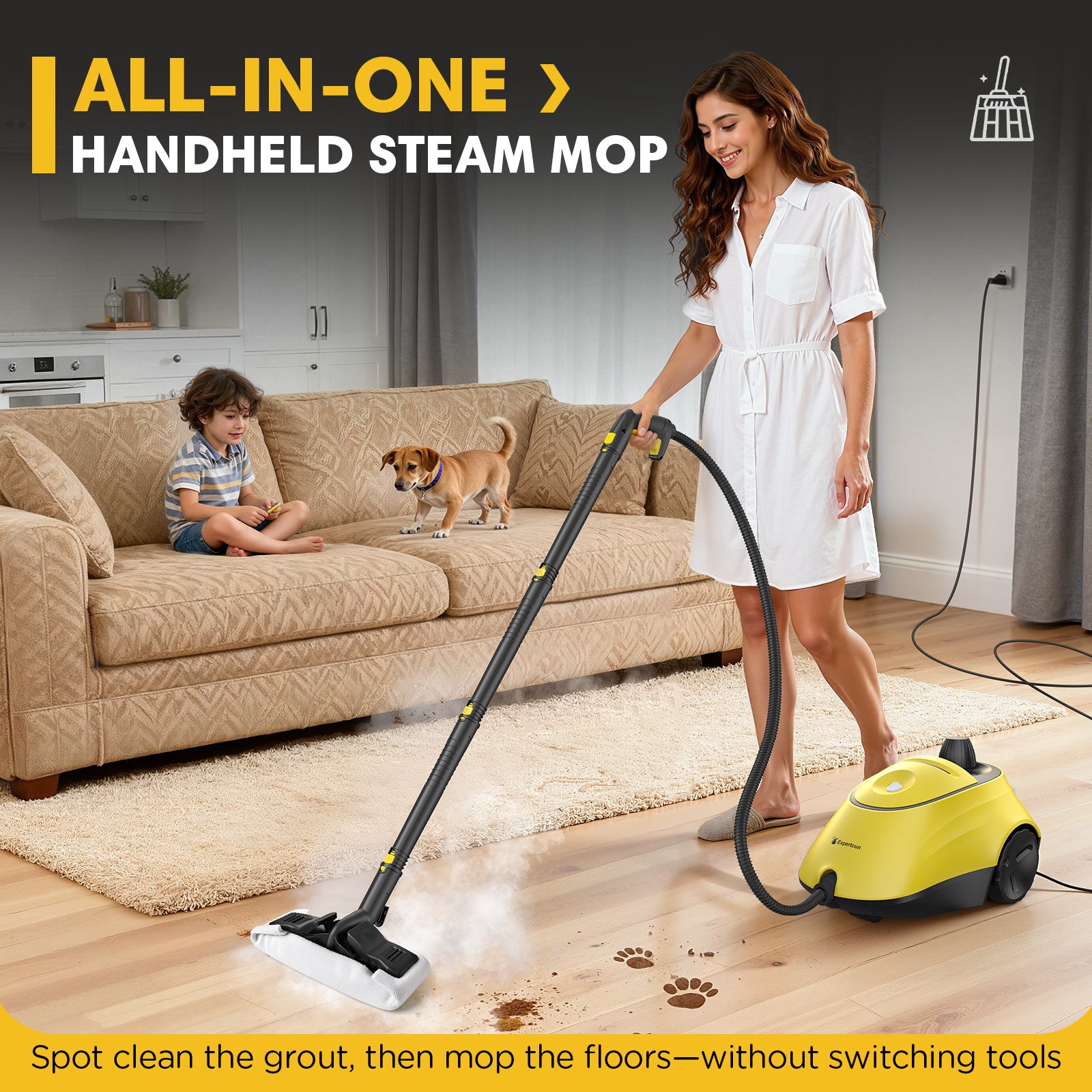 Expertcun Steam Cleaner, 3 in 1 Powerful High-Temperature Steamer Mop with 25 Accessories, Chemical-Free Steam Cleaners with 1.4L Portable Tank for Floors, Tiles, Cars, Child Lock & Easy Operation